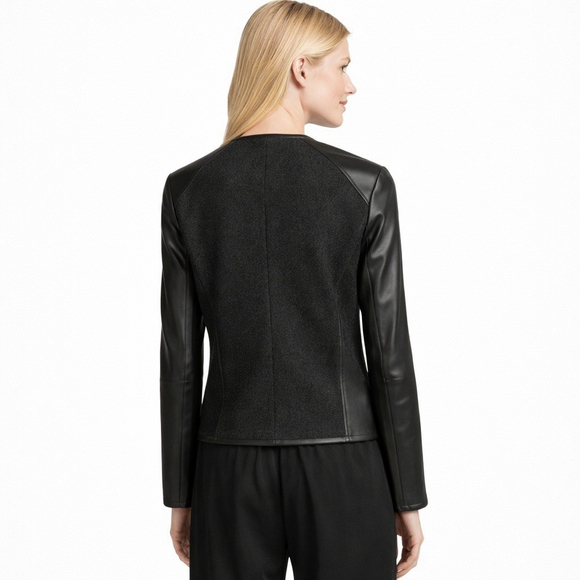 Eileen Fisher Wool Jacket Leather Sleeves Black Sz S Petite - Picture 8 of 8